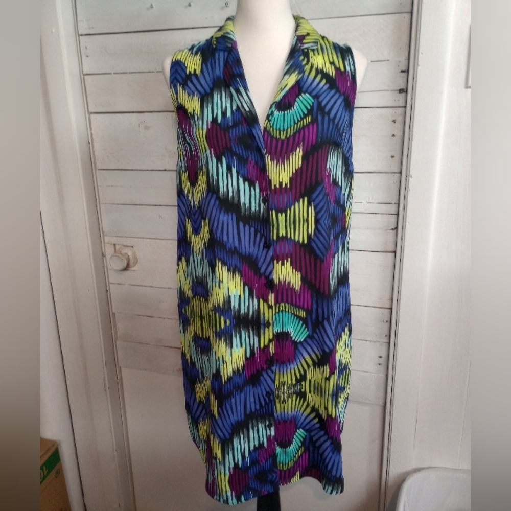 APT 9 Women’s Small Multi Colored Sleeveless Button Up Shift Dress Boho Vacation
